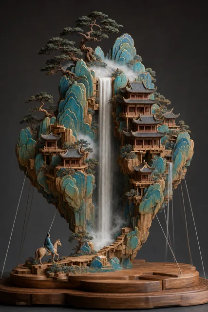 A handcrafted solid-wood miniature landscape