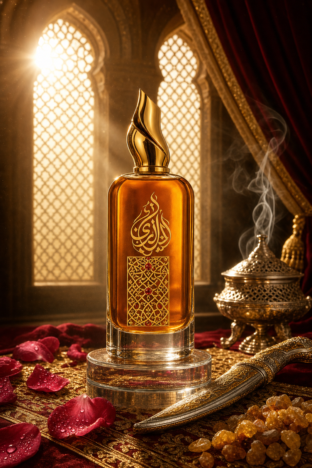 A tall luxury Arabian perfume bottle